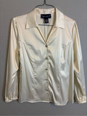 Susan Graver Cream Satin Button-Front Blouse